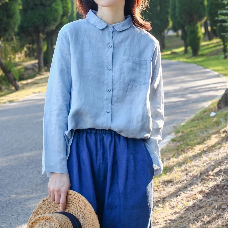 Johnature Women Linen Shirts Solid Color Blouses Autumn Turn-down Collar Button Female Long Sleeve Casual Shirts Tops 250402