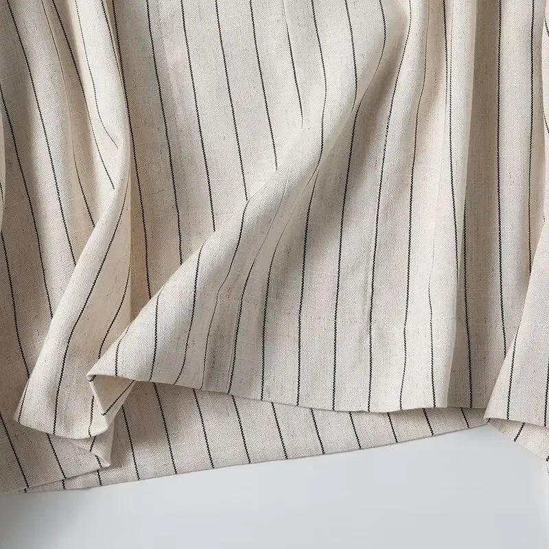 Womens fashion loose linen blend shirt casual striped V-neck retro long sleeved womens shirt chic top 250402