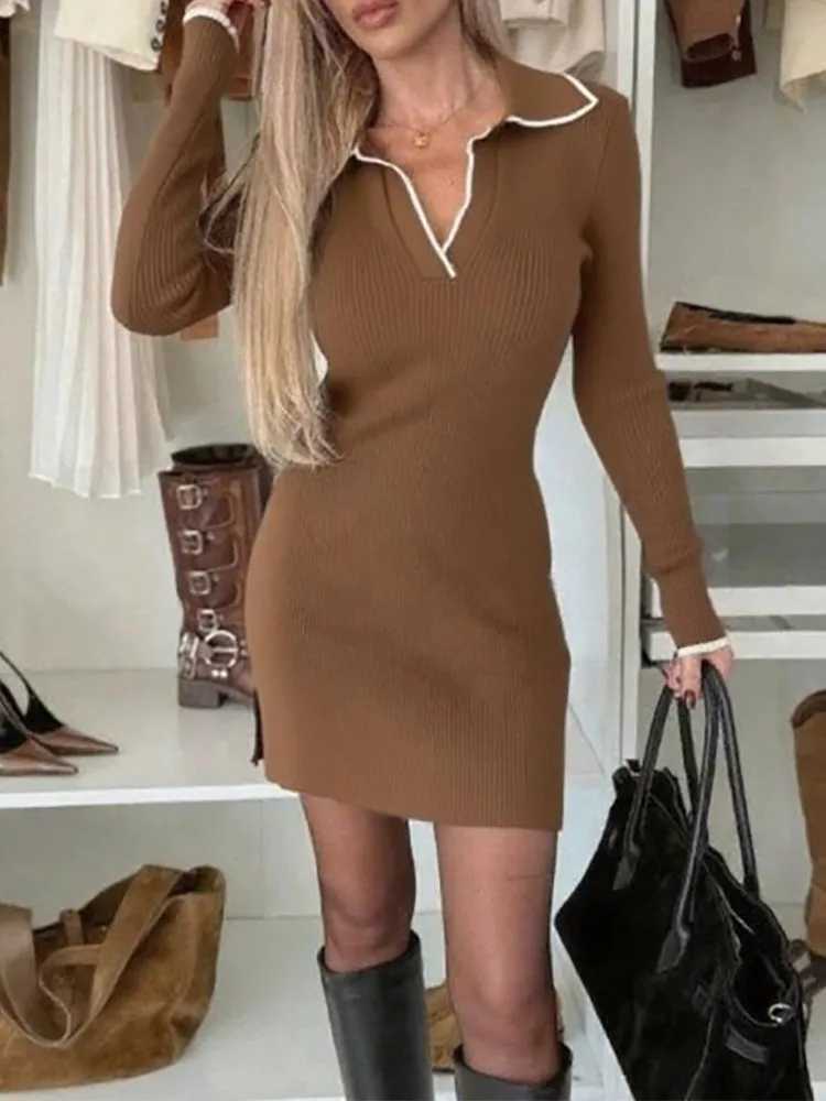 Fashion High Street Solid Color Wrap Hip Dress Holiday Long Sleeved V-neck Womens Dress Elegant Office Slim Fit A-line Dresses J251105