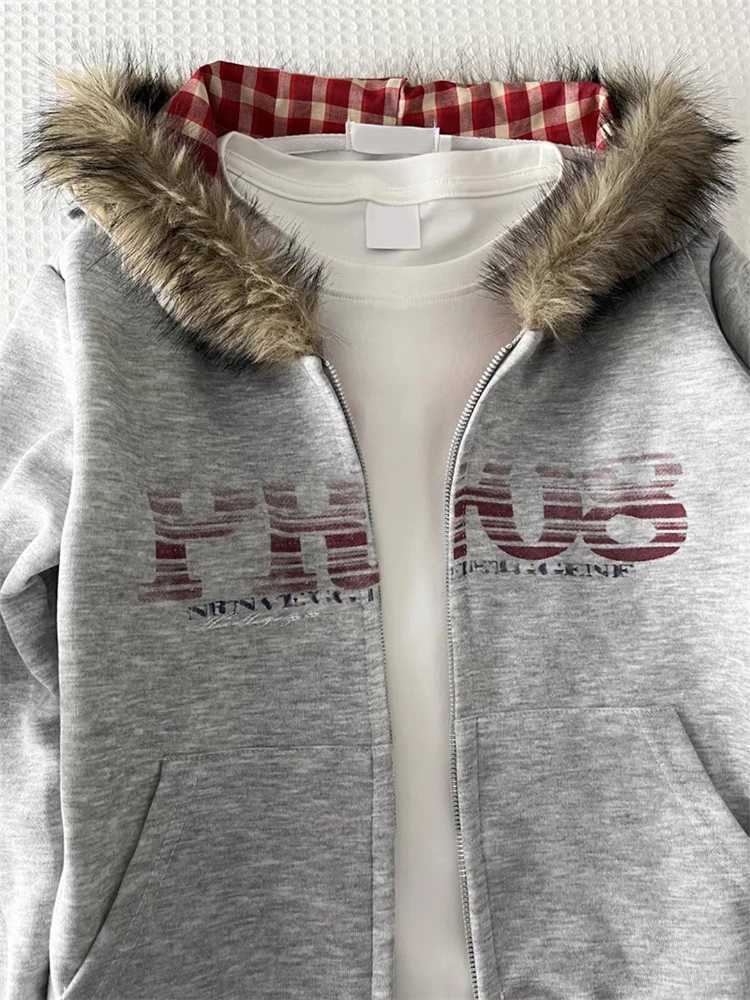 Women American Vintage Letter Print Jacket Antumn Winter Y2K Harajuku Faux Fur Hooede Hoodie Sweet Fashion Hot Girl SweatshirtT251105