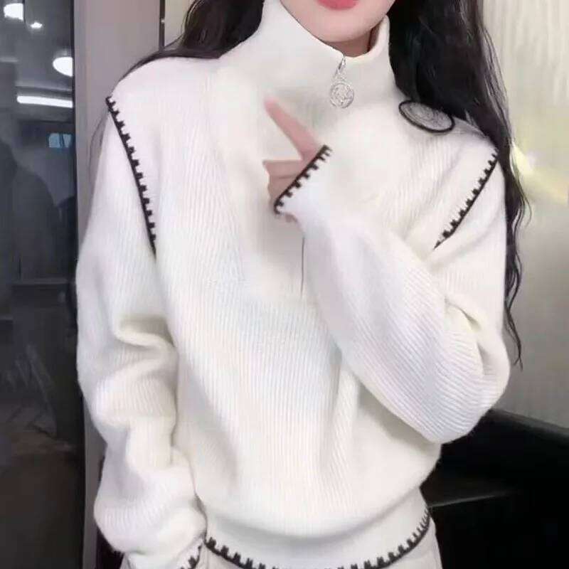 Autumn And Winter New Semi-Zipper Sweater Turtle Neck Women's Joker Loose Padded Knit Top Designer Sweater Bear Sweater