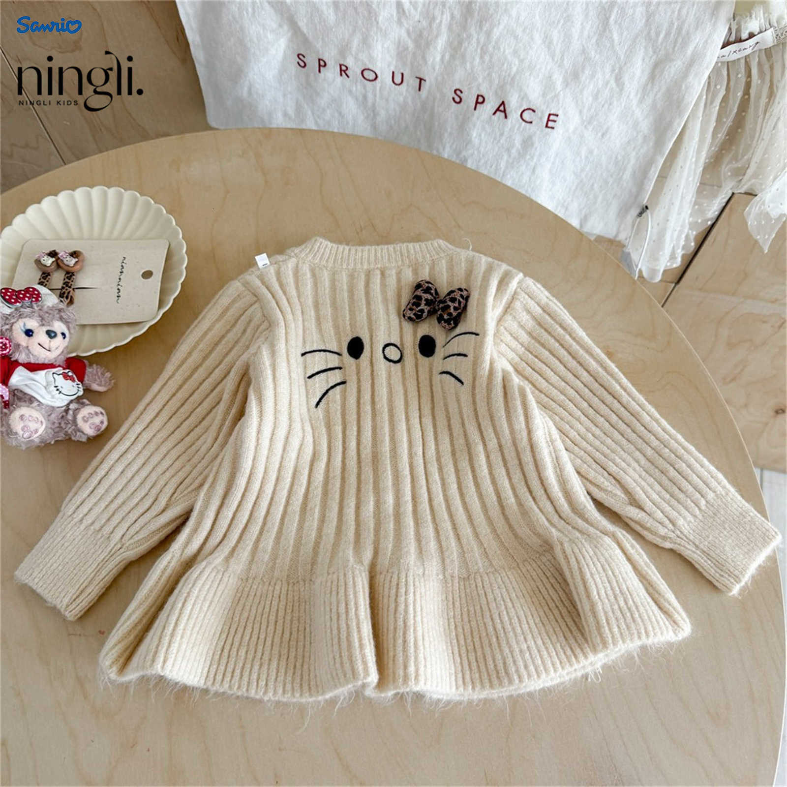 Sanrio CaraganaGirls KT Cat Knitted Cardigan Spring and Autumn New Korean Style Fashionable Versatile Sweater Jacket H251105