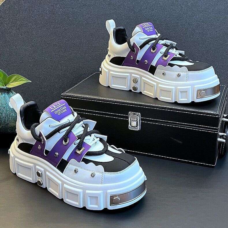 European Thick-Soled White Sneakers Men, High-End Fashion Studded Casual Height-Increasing Street Style Dad Shoes, Soft Leather for Men