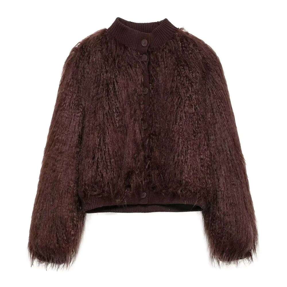 KONDALA Chic Brown Faux Leather Flurry Women Long Sleeve Vintage Party Outwear Luxurious Fashion Spring Jacket