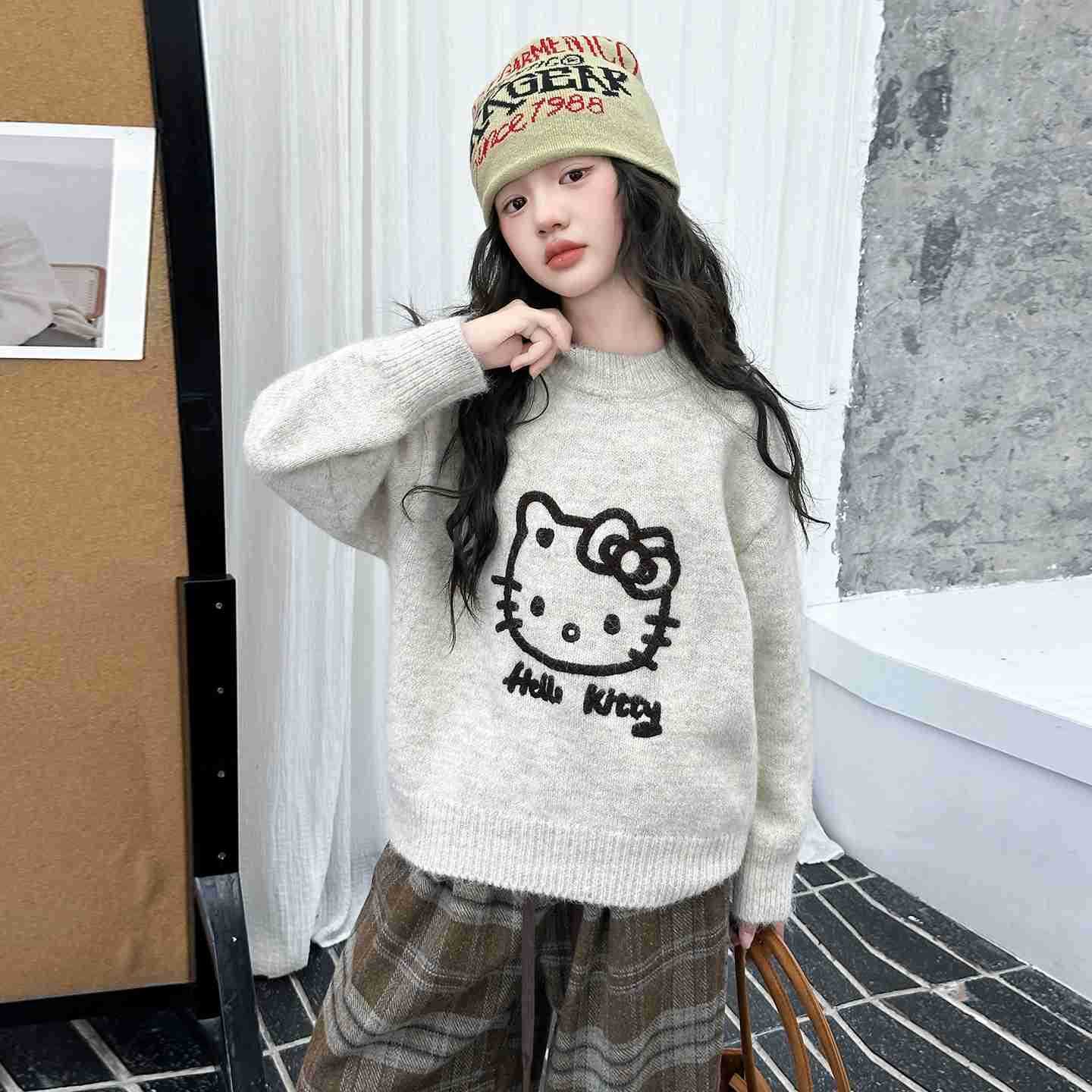Sanrio Girls Sweater Autumn Winter 2025 New Fashionable Korean Style Cartoon Kitty Cat Pullover Sweater for Older Children H251105