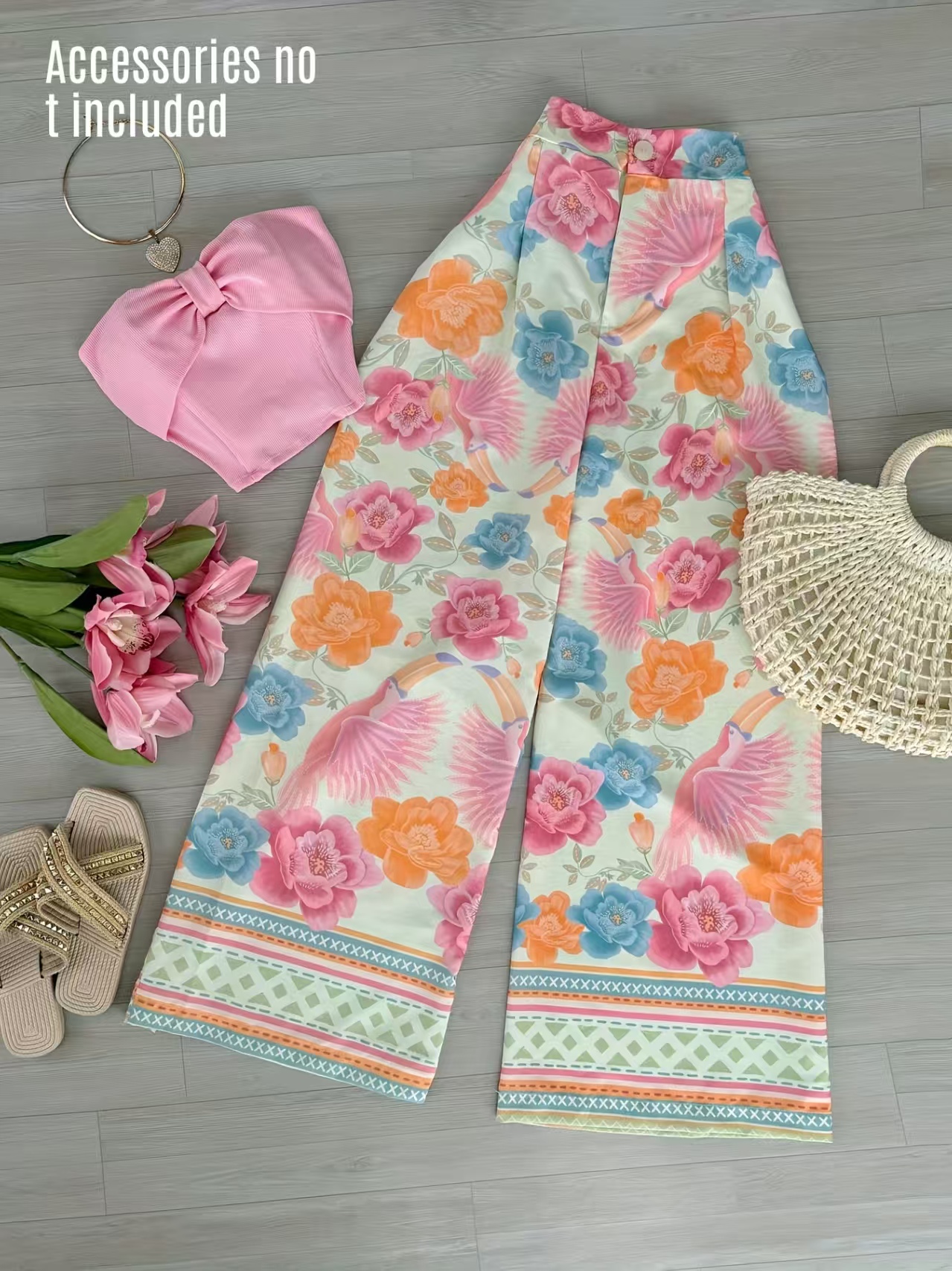 Elegant Powder Hue Ensemble for Her Stylish Street Fashion Two Piece Featuring a Simple Bustier and Flowing Floral Bottoms from Korea Style Apparel Co