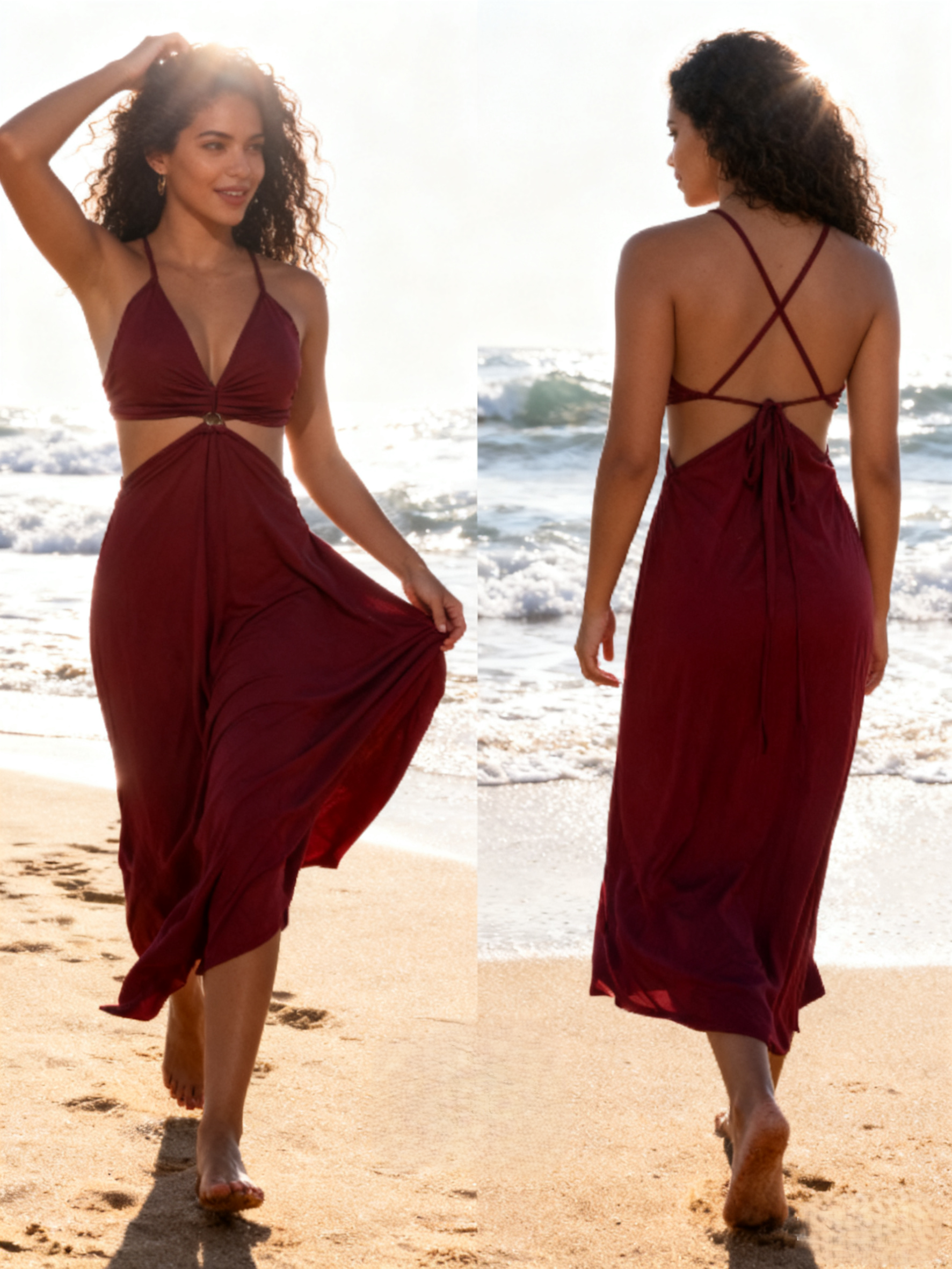 Burgundy Halter-Neck Crop Top Dress with Deep V-Neck, Metal Ring Cutout Detail, Beach Resort Style, Figure-Flattering Midi Length