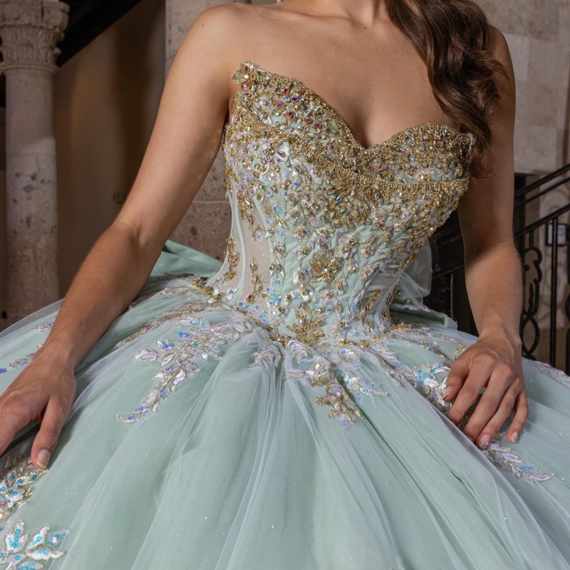Light Green Shiny Quinceanera Dresses Off The Shoulder Applique Lace Beading Crystal Bow Tull Party Birthday Sweet 16 Dress Vestidos 15 Anos