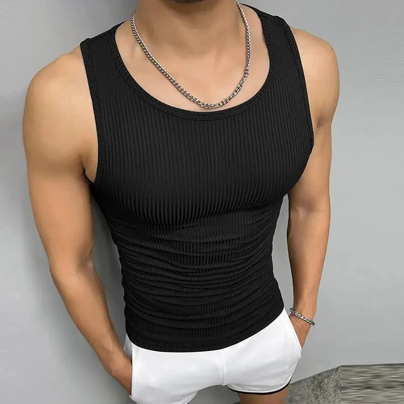 Mature Men Recreational Running Equipment Training Vest Solid Color Round Neck Sleeveless Vest Fashion Stripe Sports Fitnes 250402