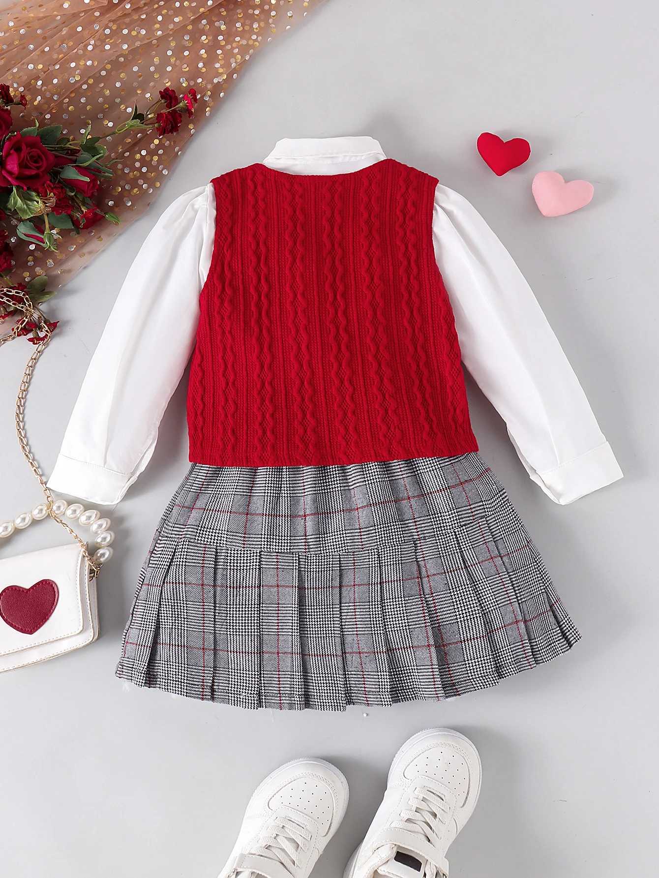 3PCS Autumn And Winter 2-7 Years Old Primary And Secondary School Girls College Style White Shirt Red Vest Short Skirt Suit Y251105