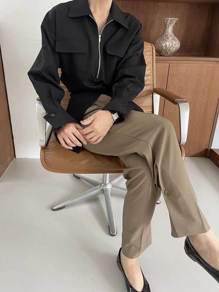 Women White Zipper Pocket Back Bandage Blouse New Lapel Long Sleeve Loose Fit Shirt Fashion Spring Autumn 2025 1Df1491