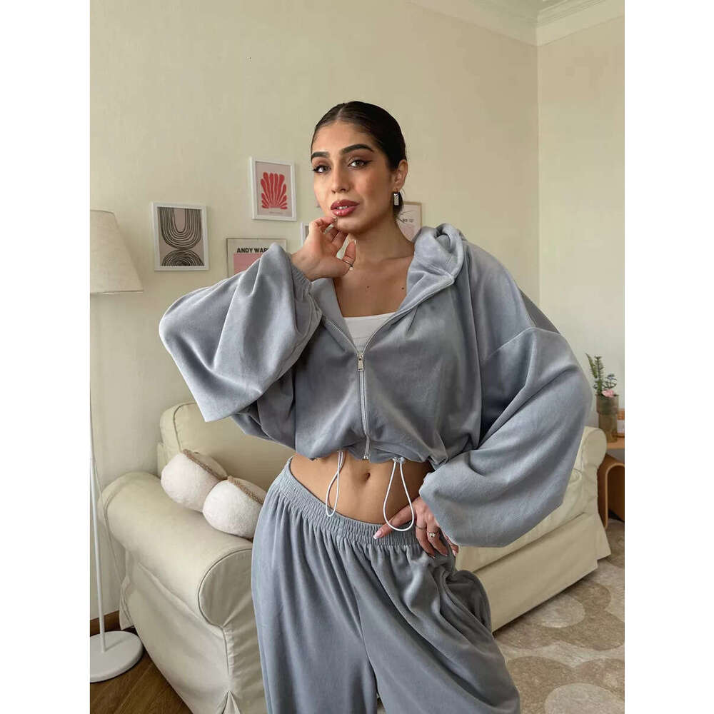 European And American Style Women's Casual Solid Color Long Sleeve Zipper Cardigan Drawstring Hooded Sweatshirt Sports Elastic Pants Two-Piece Se