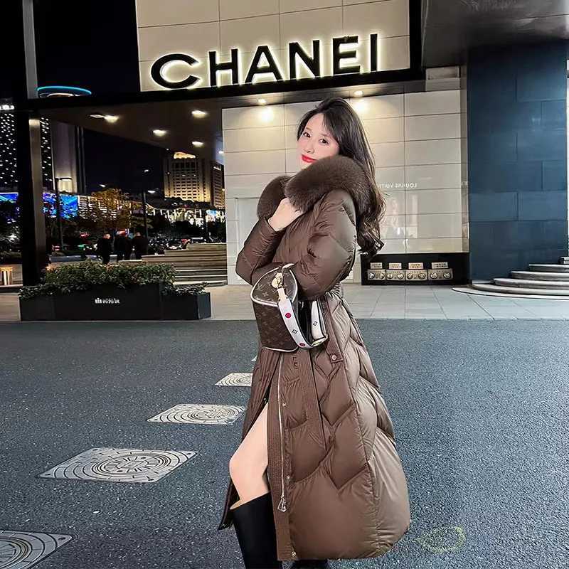 Winter Big Fur Collar Hooded Down Jacket Cotton Coat Women Long Parkas Thicken Warm Cotton-padded Jacket Coats Zipper OvercoatT251105