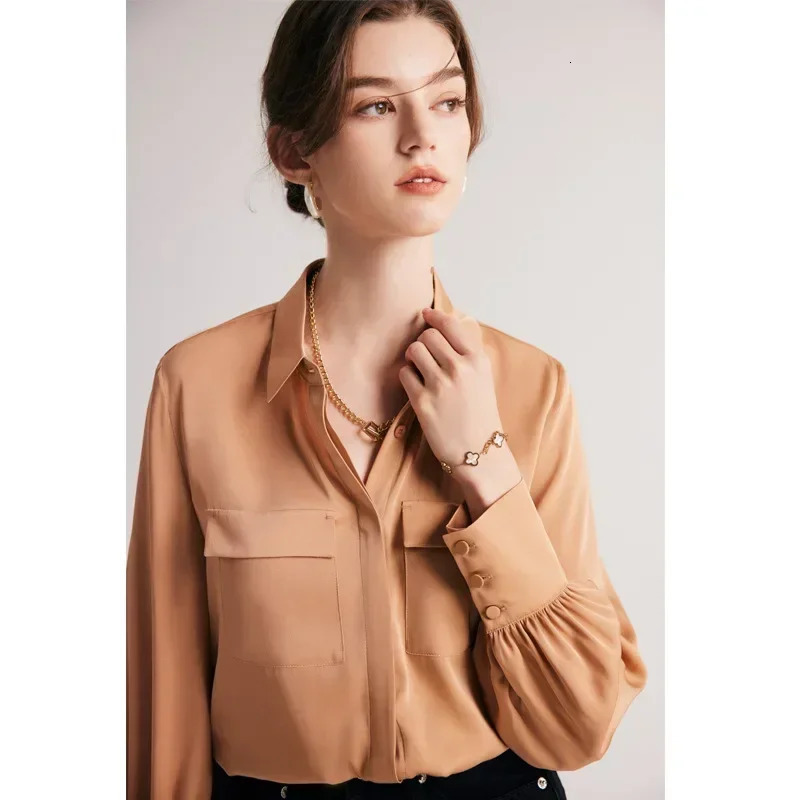 Real Silk Shirt Womens Spring and Summer Long-sleeved Commuting Solid Color Temperament Hangzhou 90% Mulberry Silk 250402