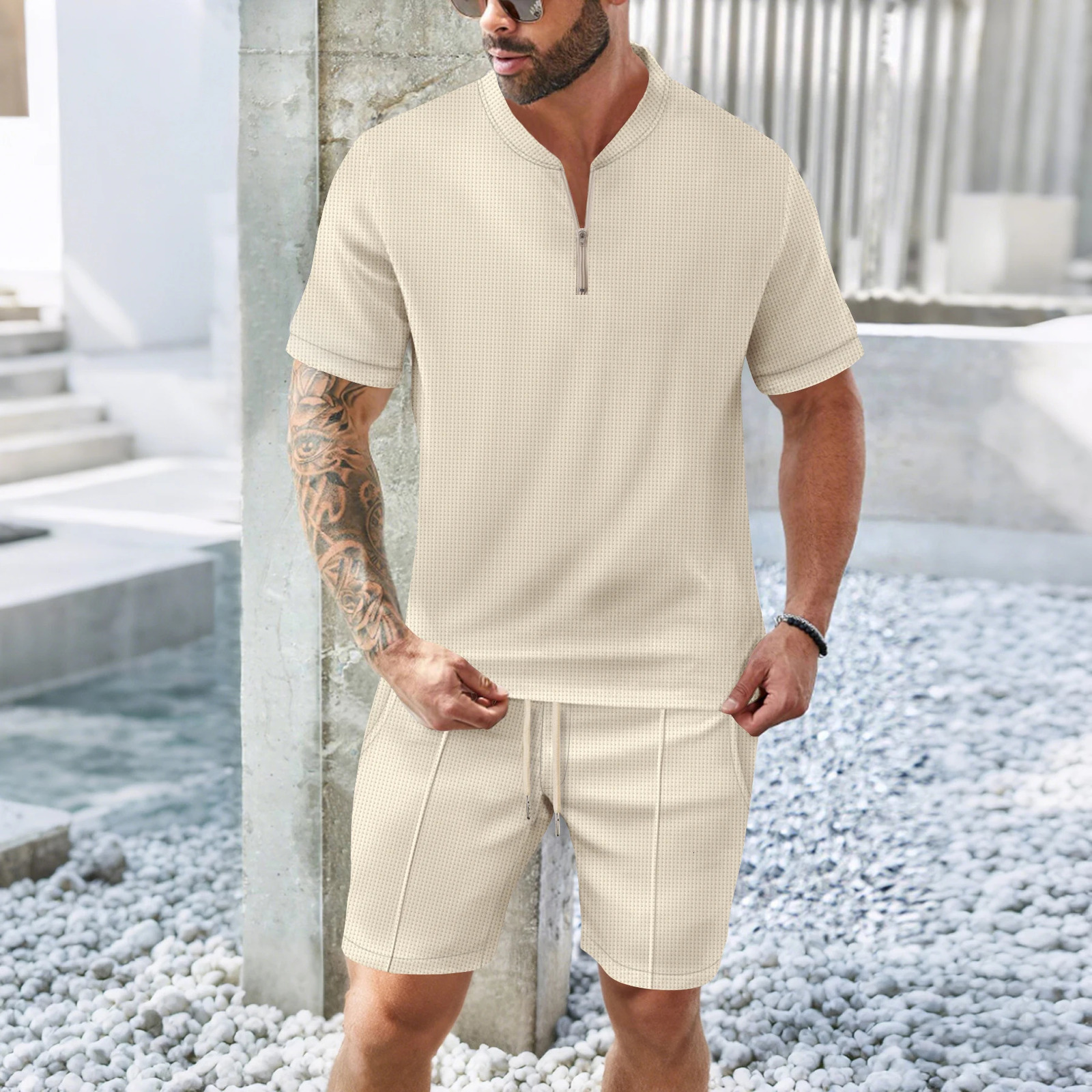 Mens summer waffle collar small zipper solid color short sleeved shorts mens outdoor casual set 250402