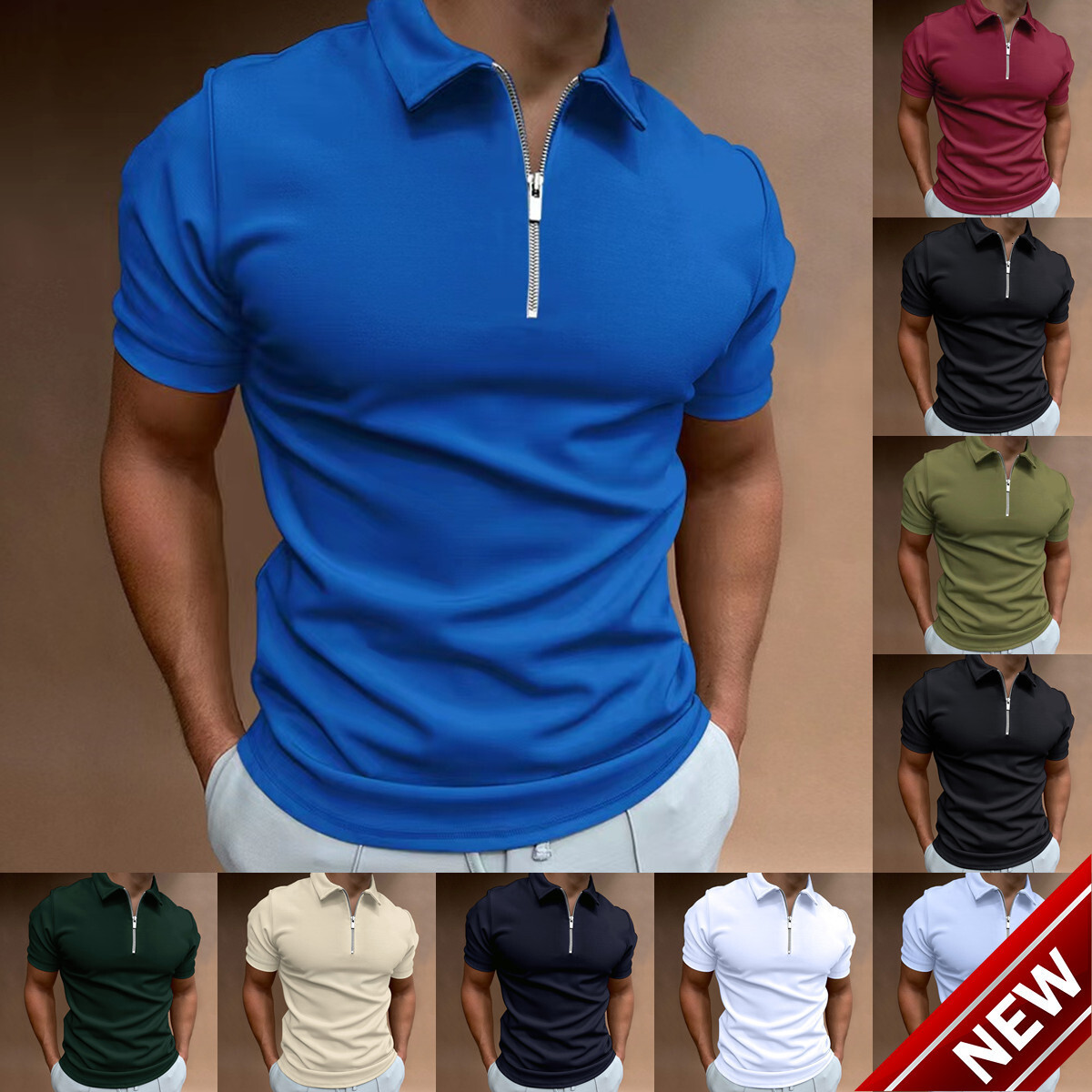 2025 Mens 3D Printed Zipper Short Sleeve Solid Color POLO Top T-shirt