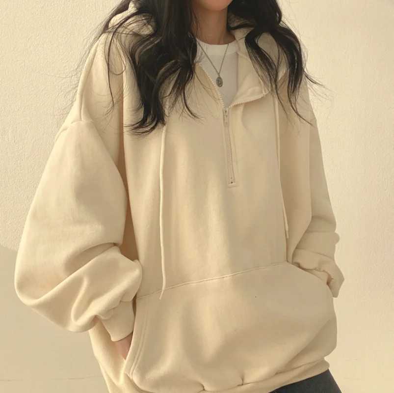 Women Hoodie Harajuku Loose Oversized Solid Color Top Half Zip Up Sweatshirt Female Casual Long Sleeve Pocket Hooded Coats 2025T251105