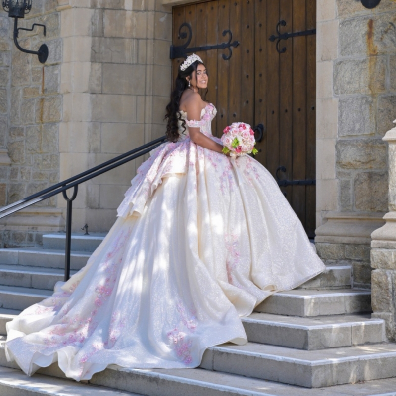 Beige Shiny Quinceanera Dresses Off The Shoulder Applique Lace Beads Tull Party Birthday Sweet 16 Dress Vestidos 15 Anos