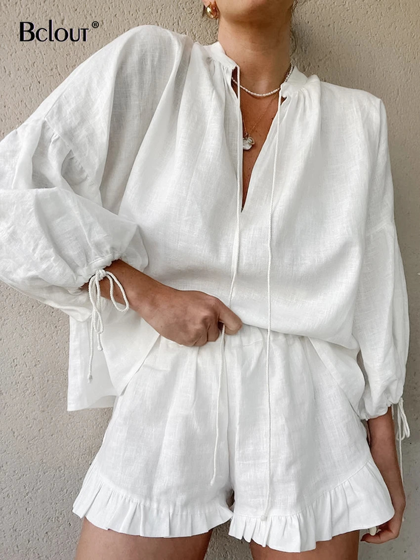 Bclout summer white pleated linen shorts set 2-piece womens fashionable lantern set lace top vacation wide leg shorts set 250401