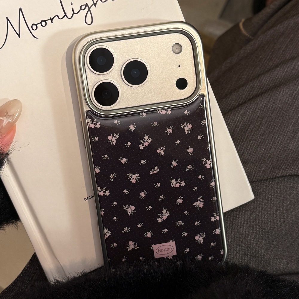Rose Pink Flower Black Simple Phone Case Compatible with iPhone 17/16 Pro Electroplated Resin Case iPhone 15/14 Niche