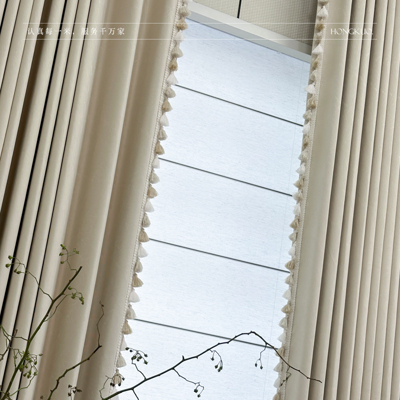 A11 Light Feather High Precision Jacquard Blackout Curtain French Cream Style Curtain Can Add Lining and Tassels