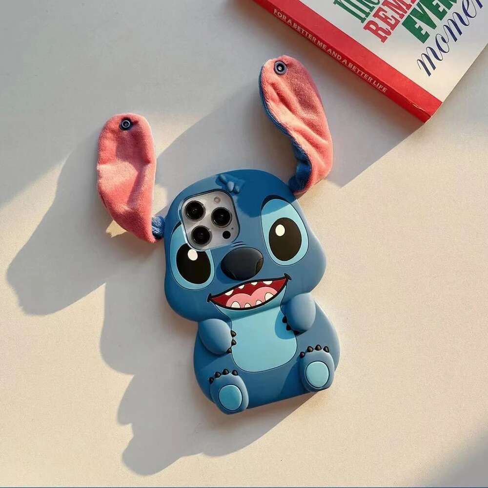 For iPhone 15 11 Max Pro 14 Plus 13 12 Kawaii Sit Big Ear Button Strap Cartoon Silicon Soft Phone Case
