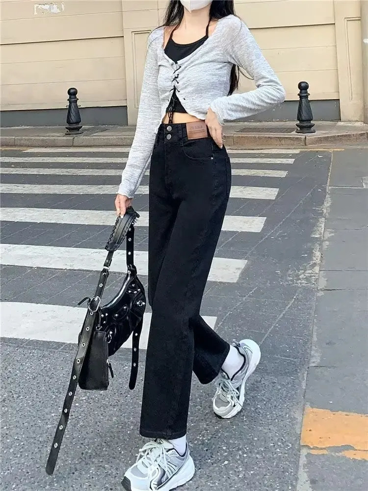 Spring and summer retro high waist slimming wide leg pants jeans Korean style straight 250403