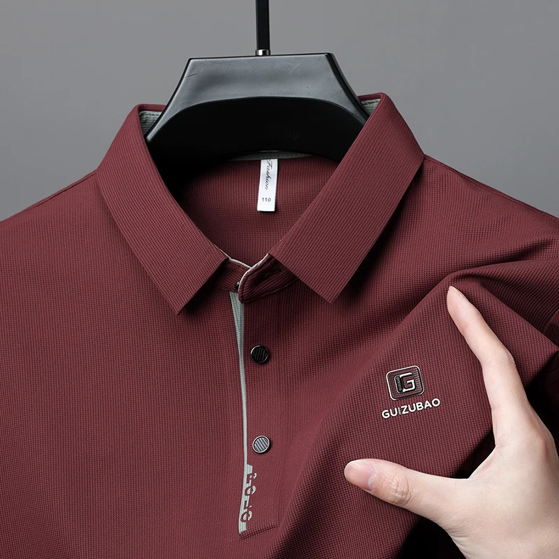 Mens high-end lapel polo shirt summer printed business fashionable ice silk short sleeved seamless top mens clothing 250401