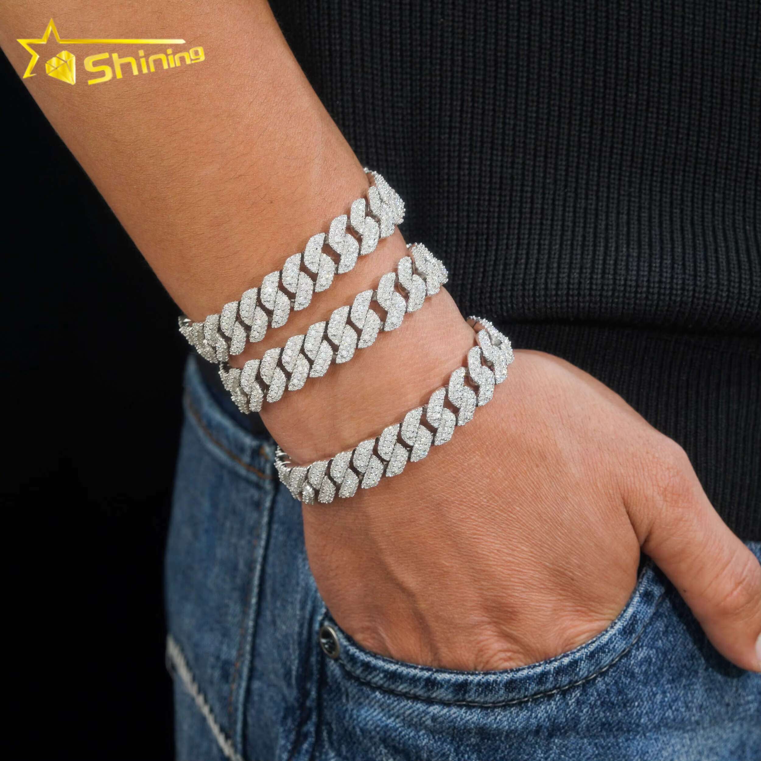 Top Quality Bling Shining 925 Sterling Silver 3 Rows 13mm Width Moissanite Diamond Cuban Link Bracelet