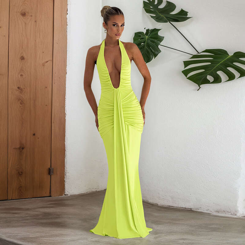 C25DS035 Foreign Trade Cross-Border Fashion Elegant Halter V-Neck Backless Tie Ruched Long Women's Dress