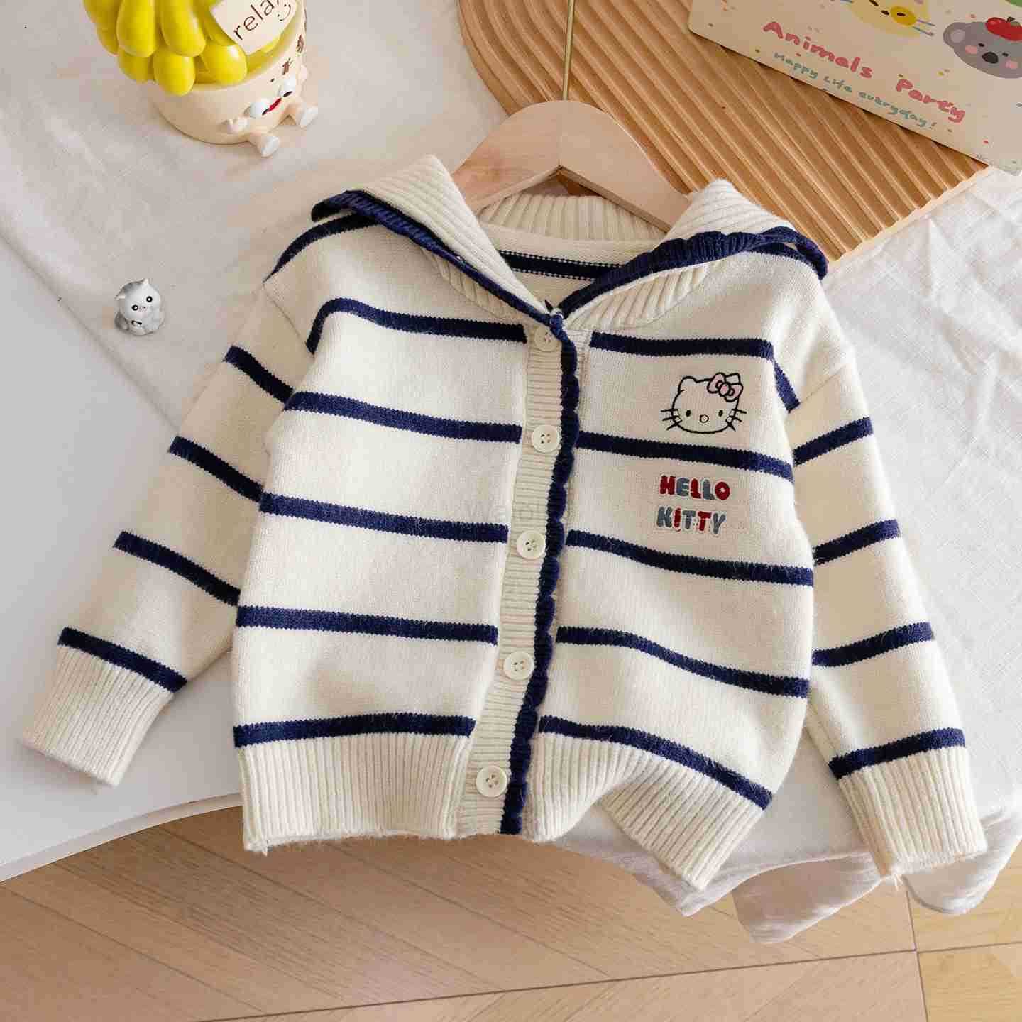 Sanrio Korean Girls Autumn Coat New Fashionable Sweet Cartoon Knitted KT Cat Striped Navy Collar Sweater Cardigan H251105