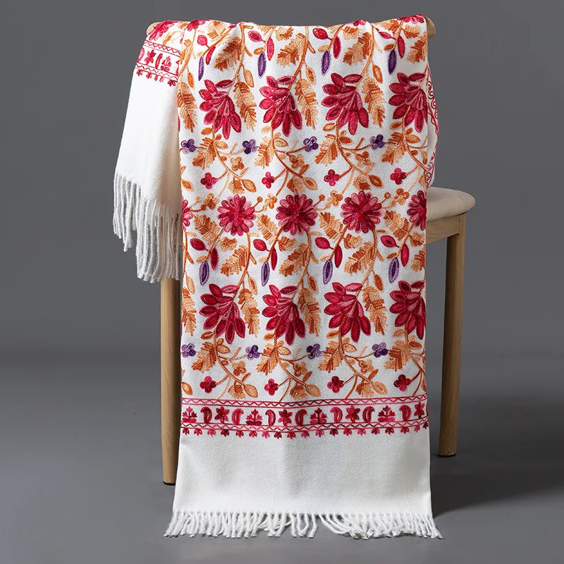 Women Floral Embroidery Cashmere Scarf Winter Warm Shawl Soft Thick Pashmina Foulard Female Tassel Blanket Scarves Wraps 250403