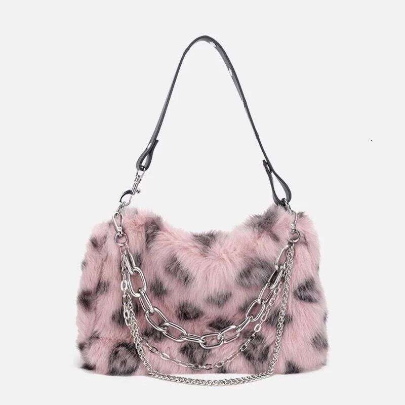 Leopard Print Winter Shoulder Bags For Women Furry Underarm Chain Plush Animal Pattern Evening Totes Purse Crossbody Bag