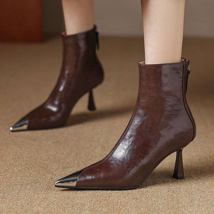 Brown Pointed Metal Toe High Heel Short Stylish Comfortable Boots to dress shoes Designer Shoe for women
