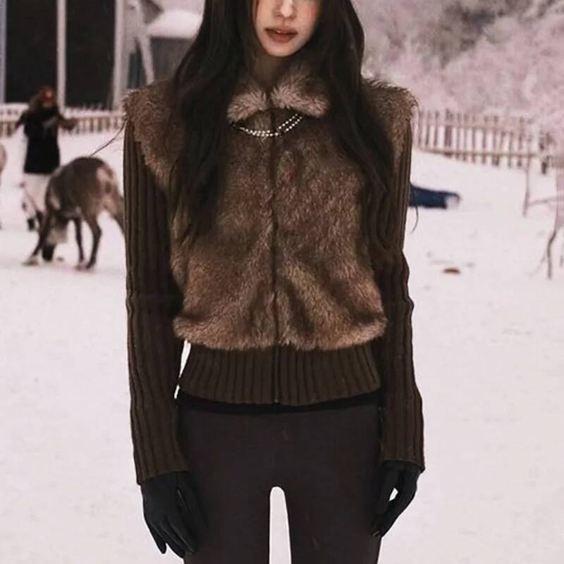 winter jacket women Ticketsx Fashion Plush knit Patchwork New Autumn Winter Lapel Zipper Slim Coat Women Vintage Streetwear Warm Jacket