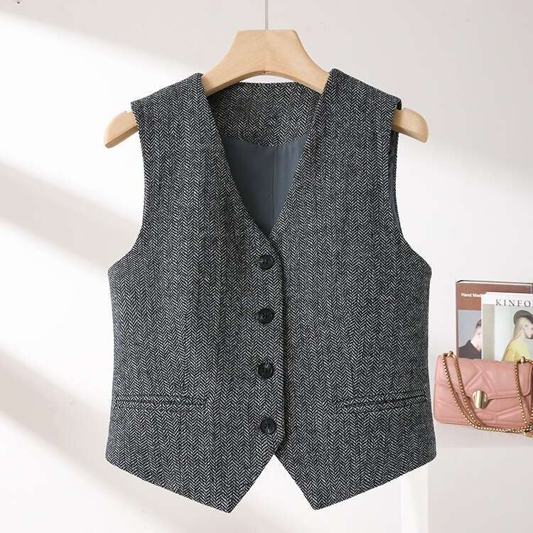 And Autumn Layered British Old Money Style Woolen For Women, Spring New Sleeveless Vest Jacket B5