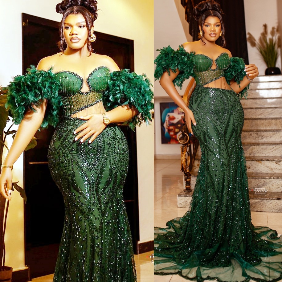 Dark Green Mermaid Prom Dresses 2026 Feather Beaded Sheer Neck Sparkly Evening Formal Party Second Birthday Engagement Gowns Plus Size Dress For Speci