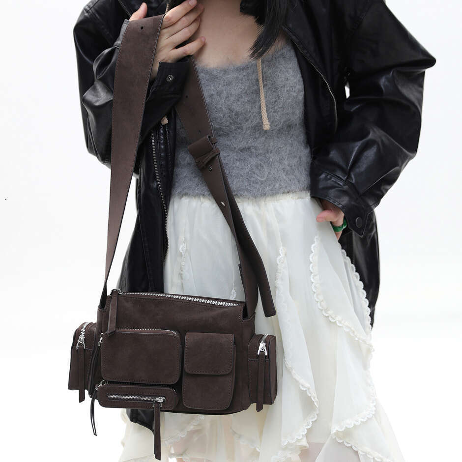 Women Spicy Motorcycle Retro Frosted Suede PU Handbag, Coffee Brown, Large Capacity Multi Pocket Shoulder With Adjustable Strap, Ideal For Work