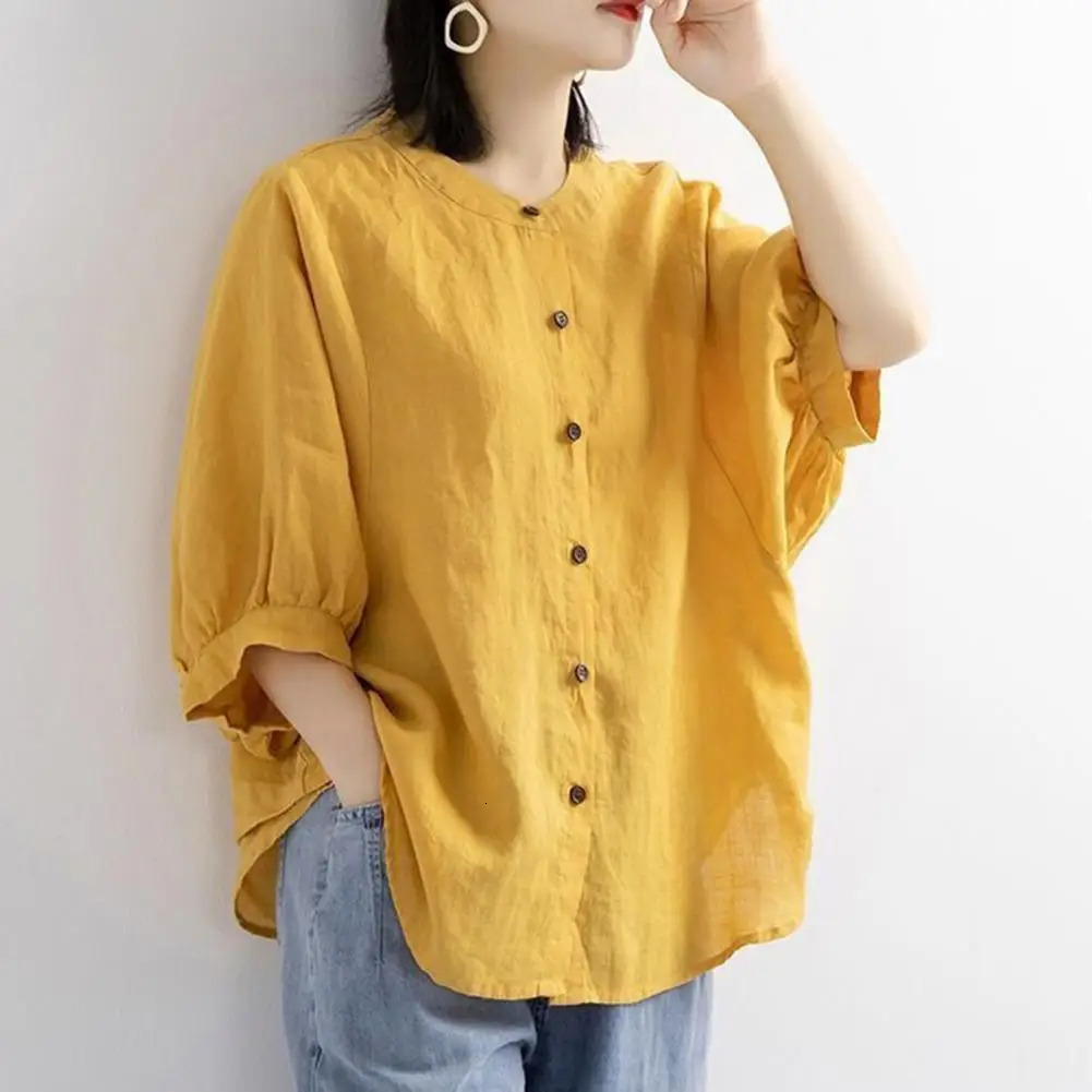 Women Shirt Retro Half Lantern Sleeves Ruffle Cuffs O Neck Summer Linen Shirts Ladies Loose Female Sweatshirt Top Casual Blouse 250402