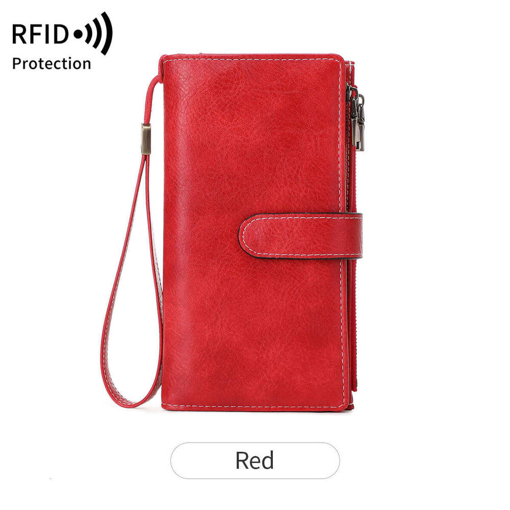 Cross-Border New RFID Long Retro Multifunctional Women's Wallet Solid Color Portable Large Capacity Clutch