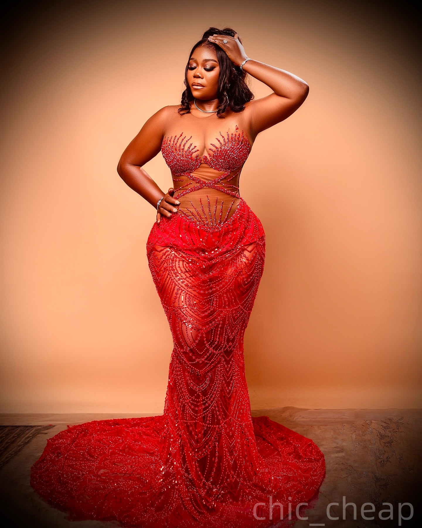 Red Mermaid Prom Dresses 2026 Sheer Neck Beaded See Through Sequined Evening Formal Party Second Birthday Engagement Gowns Plus Size Dress For Special