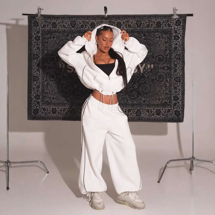 Cross-Border Women's Fashion Line Color-Block Hooded Zipper Sweatshirt Casual Loose Straight-Leg Pants Two-Piece Set For Women B5