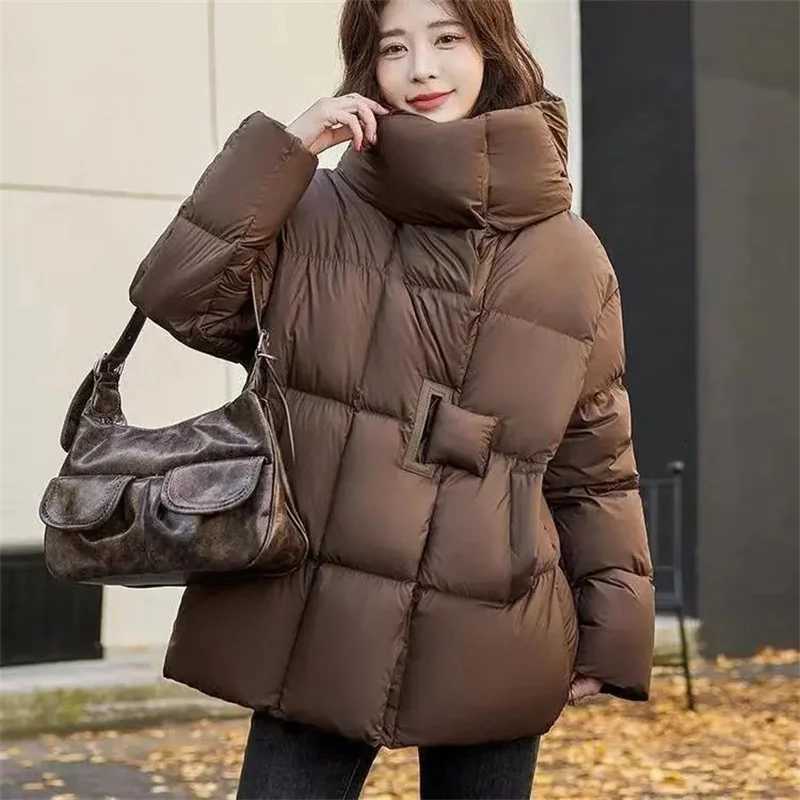 Women Down Jacket Hooded Loose Puffer Casual Warm Autumn Winter Outwear White Duck Down Cotton Stand Collar Coat 2025T251105