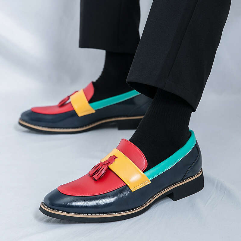 Men's in plus size, new casual leather shoes, fashionable men's foot covers, loafers, trendy color blocking tassel shoes