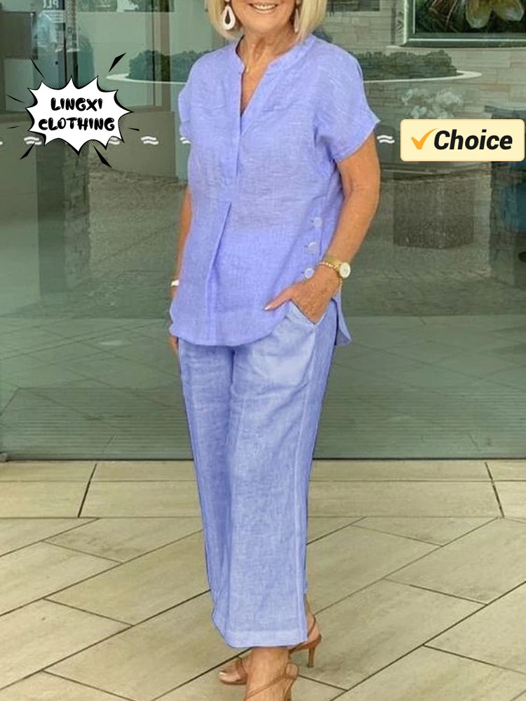 Summer fashion womens matching series V-neck short sleeved top elastic waist wide leg pants cotton linen two-piece set 250401