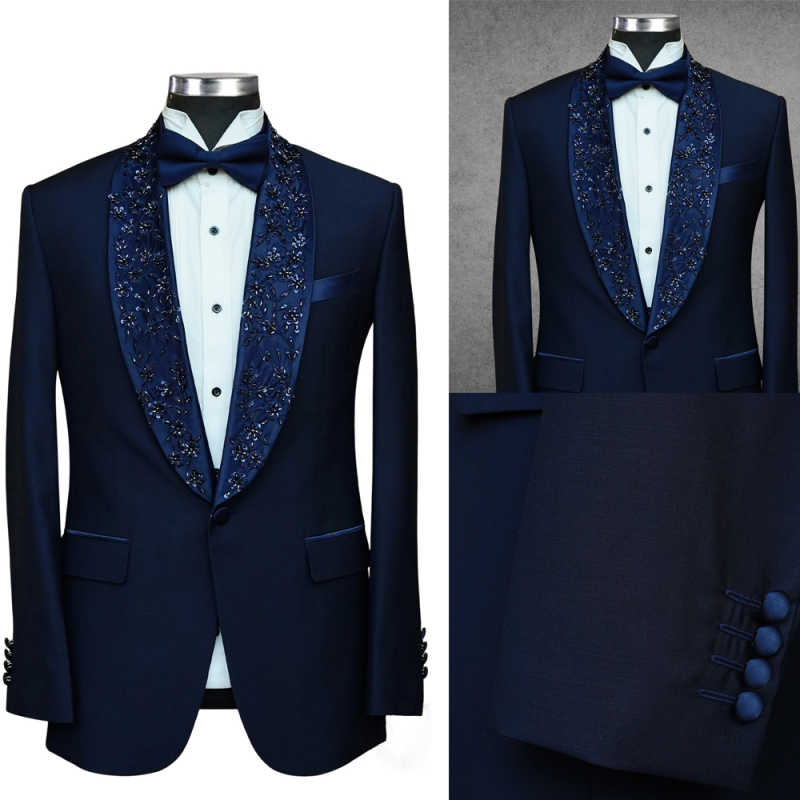 Elegant Men Suit 2 Pieces Jacket Pants Appliques Beading Crystal Wedding Groom Tuxedos Prom Party Customized