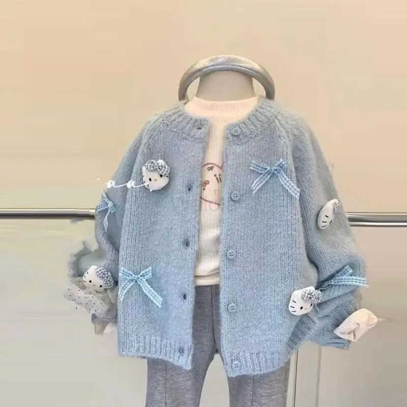 Sanrio Hello Kitty Kids Cardigan Girl Cartoon Kawaii Fashion Sweater Loose Bow Knit Coat Spring Autumn Clothes Girls Gift New H251105