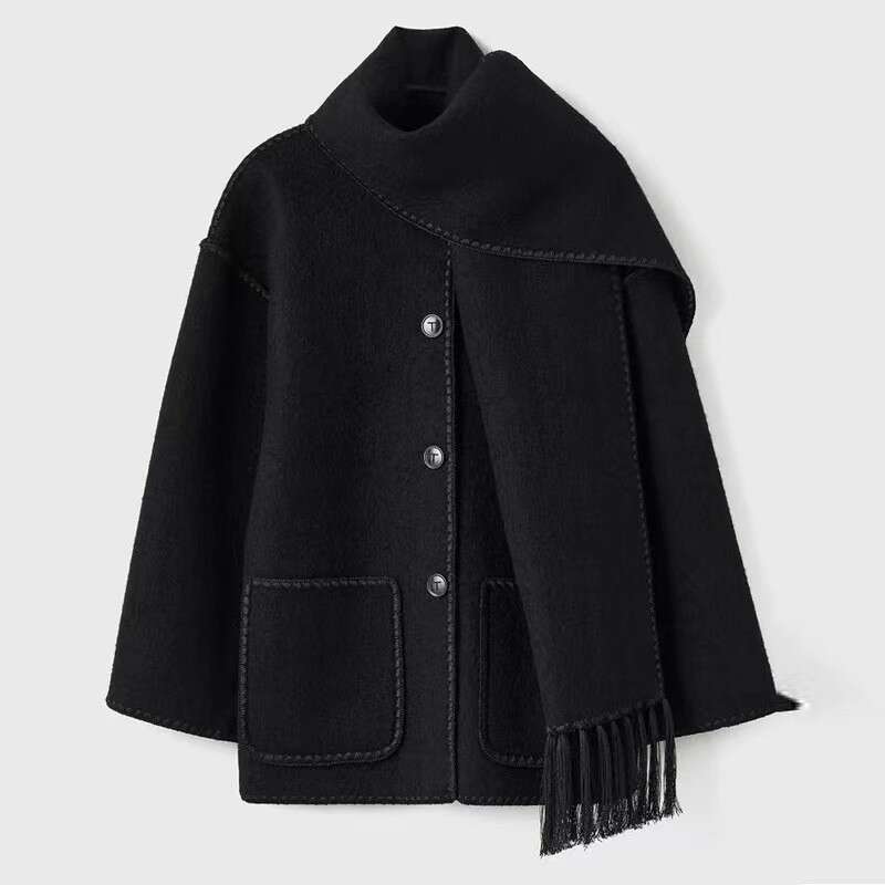 2025 Autumn Winter New Fashion Woolen Coat Thick Loose with Scarf Tassel Women's Style