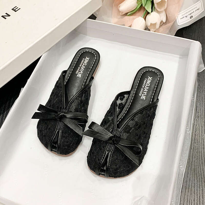 Baotou Summer 2025 New Internet Celebrity Bow Versatile Soft Bottom Half Slippers for Women Wearing Outside