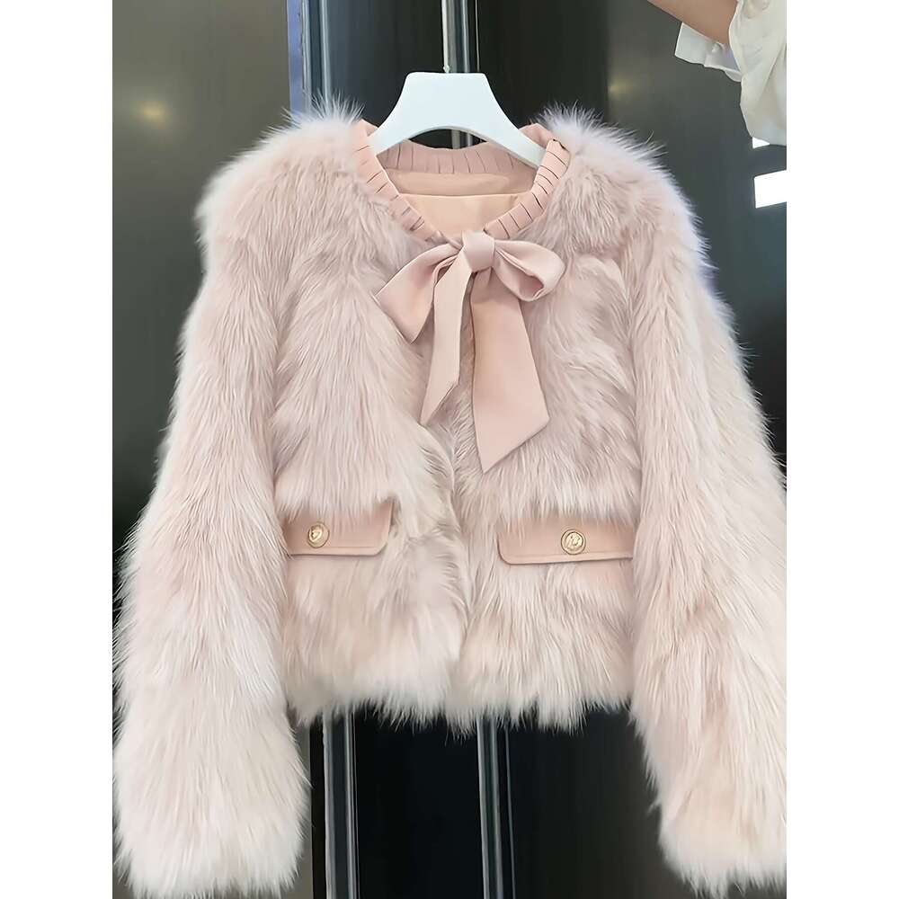 Cozy Jacket Pink Faux-Fur Trim Jacket Women | Winter Plush Collar Fringe Hem Coat, Elegant Short H-Line Silhouette, Single-Breasted Loose Fit For Casu